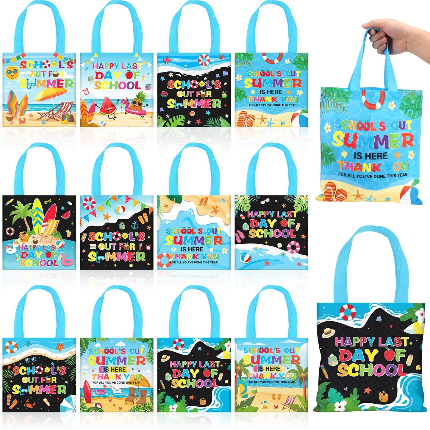 Cosblank 36 Pcs Summer Gift Bags Bulk, School's out for Summer End of Year Tote Bags with Handle, Non-woven Reusable Last Day of School Gifts for Students Classroom Beach Pool Tropical Party Favors