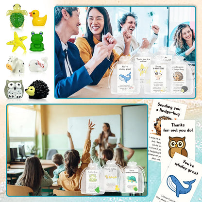 32 Set Employee Appreciation Gift Bulk 32 PCS Cards Organza Bags Funny Resin Animal Figures Hedgehog Cow Owl Duck Turtle Starfish Frog Whale for Coworkers Staff Office Favors 96 PCS
