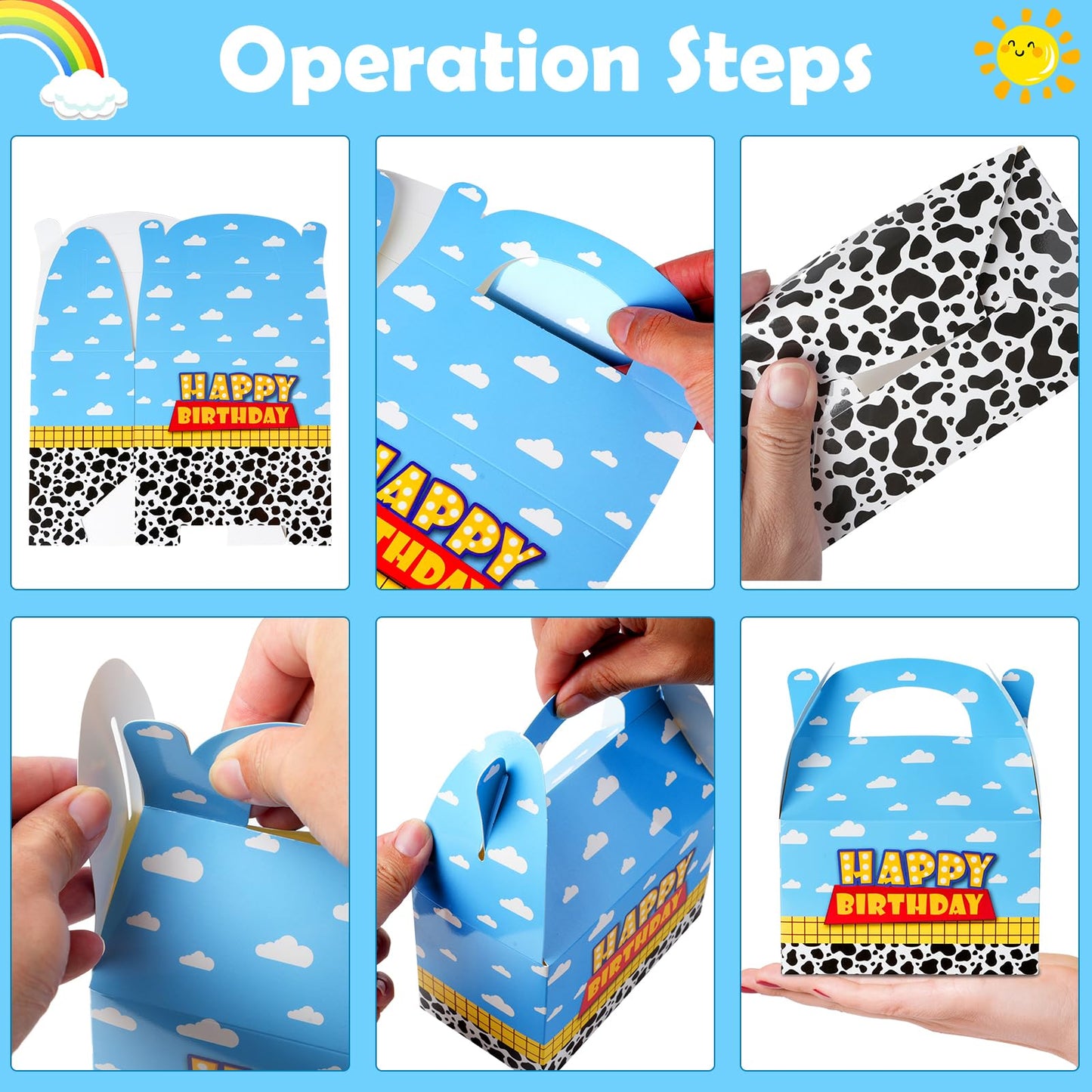 Ragnhild 16 Pcs Cartoon Story Birthday Party Favor Boxes, Cow Pattern Birthday Goodie Box Party Supplies, Blue Sky White Cloud Kraft Paper Gift Boxes for Kids Decorations