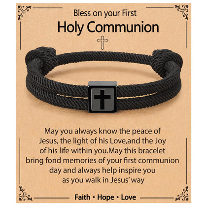 Gnamy First Communion Confirmation Baptism Gifts for Boys, Adjustable Rope Cross Bracelet Catholic Christian Religious Jewelry Gifts