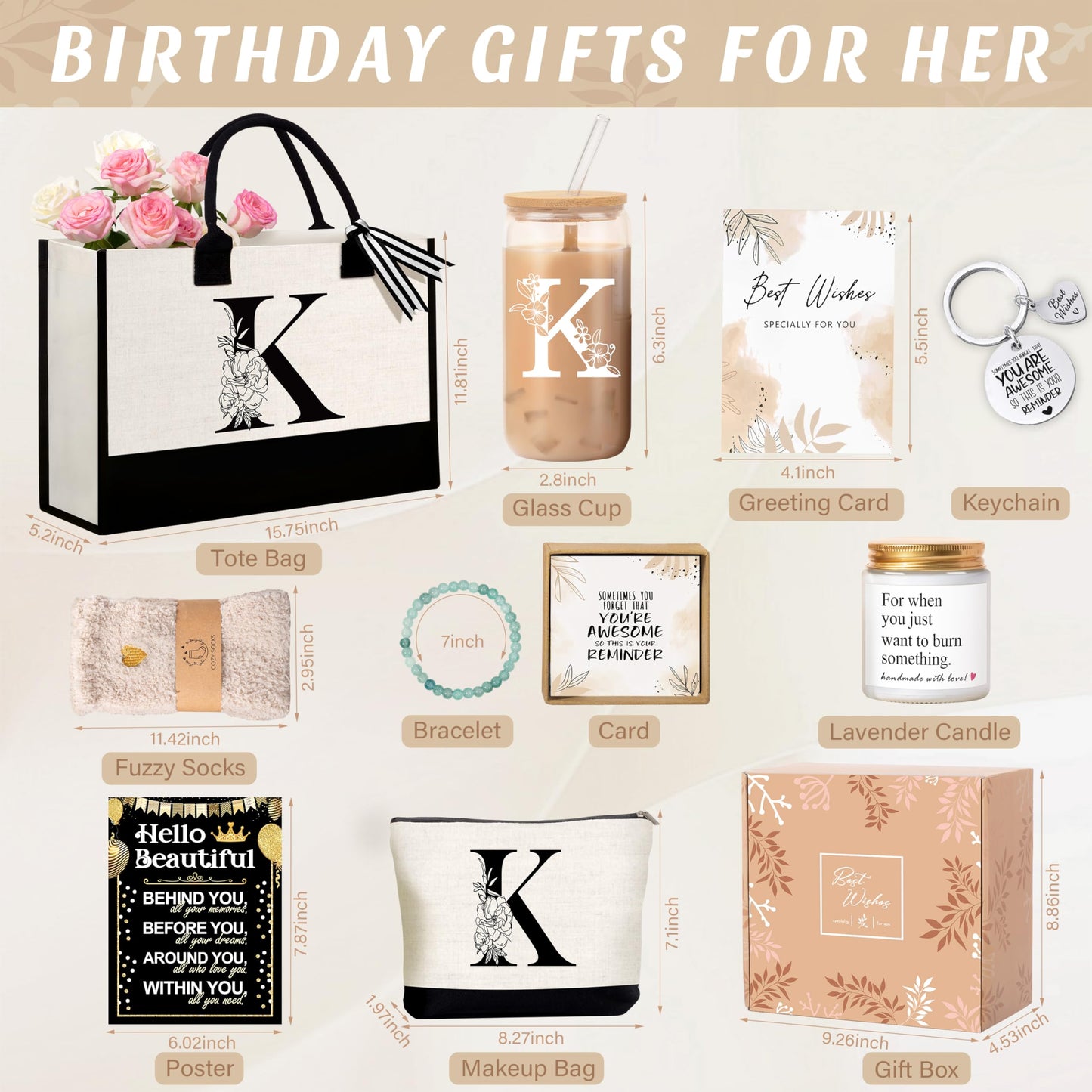 Birthday Gifts for Women, Monogrammed Initial Gift for Teacher Wife Mom, Tote Bag