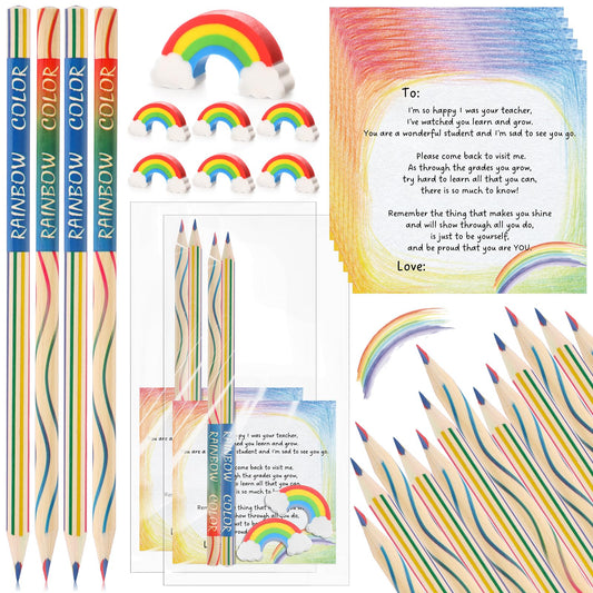 Spakon 24 Set End of Year Gifts for Students Bulk 48 Rainbow Colored Pencils 24 Rainbow Erasers 24 Graduation Greeting Cards 24 Clear Self Adhesive Bag Stationery Gifts for Kids Kindergarten Classroom