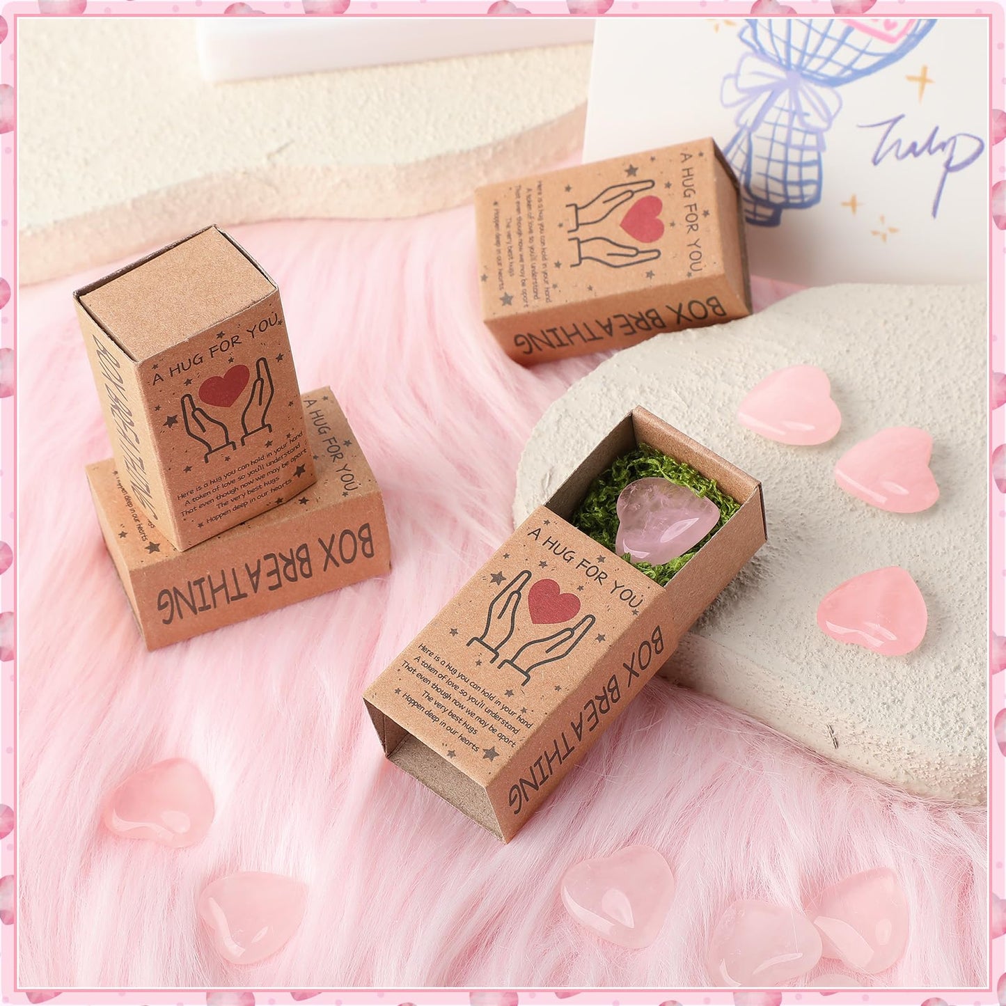 Landical 50 Sets 2026 Graduation Pocket Hug Token Gifts Bulk Little Heart Rocks Small Crystal Heart Stones Bulk with Boxes for Birthday Party Colleagues Family Celebration of Life Gifts (Pink)