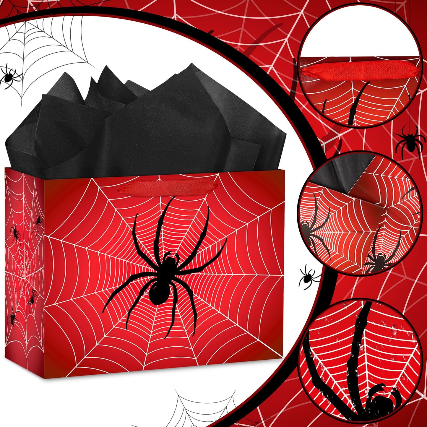 Abilat Large Spider Gift Bag with Tissue Paper and Greeting Card Red Spider Web Birthday Party Favor Wrapping Bag for Boys Men Valentine Halloween Party Decorations