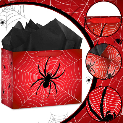 Abilat Large Spider Gift Bag with Tissue Paper and Greeting Card Red Spider Web Birthday Party Favor Wrapping Bag for Boys Men Valentine Halloween Party Decorations