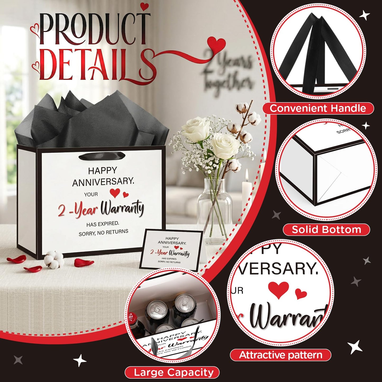 Anniversary 2 Year Gift Bag for Men Women Funny 2nd Anniversary Wedding Marriage Gift Bags with Wrapping Paper Card Second Anniversary Party Favors Decor Supplies Husband Wife Boyfriend Girlfriend