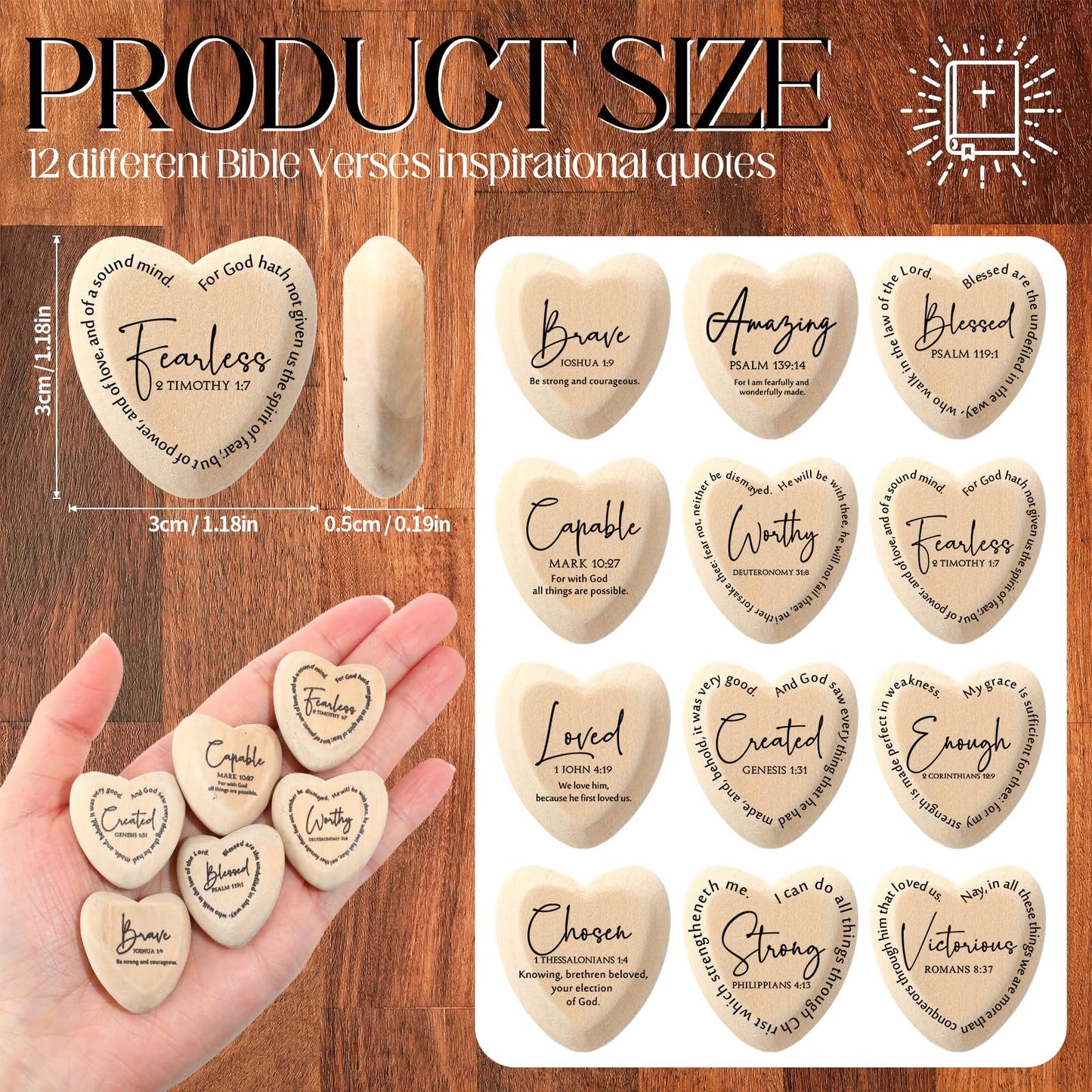 Geelin Christian Gift Religious Wooden Heart Tokens with Inspirational Bible Verses Pocket Hug for Father's Day Dad Women Men Friends Church Scripture Party Favor(Natural‌,72 Pcs)