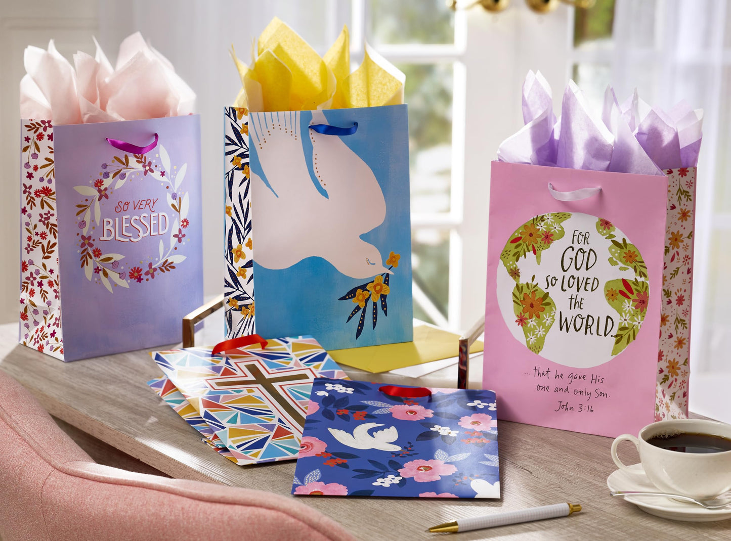 American Greetings 10" Medium Religious Gift Bags (Cross, Bible Verse, Dove) for Baptism, First Holy Communion, Confirmation, Easter, Wedding and Clergy Days - Kathy Davis Designs (5 Bags)