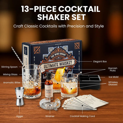 13-Piece Cocktail Shaker Set Bartender Kit+Bitters - Bar Mixing Stir Set with Whiskey Glass, Strainer, Jigger, Father’s Day Gift, Garnish Picks, Recipe Cards - Cocktails, Martinis, Manhattans & More