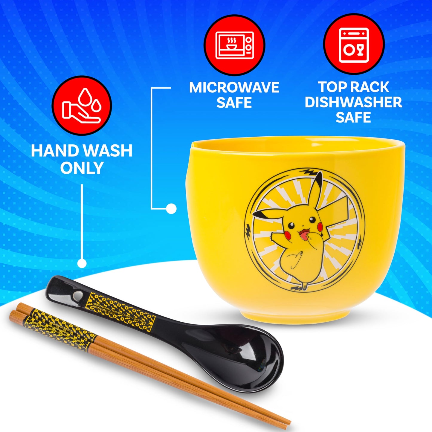 Silver Buffalo Pokemon Pikachu Electric Ceramic Ramen Noodle Rice Bowl with Chopsticks and Spoon, Microwave Safe, 20 Ounces