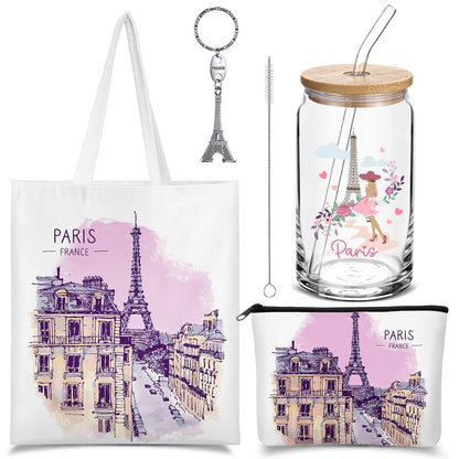 Chuangdi 4 Pcs Paris Souvenirs Gifts Set France Travel Canvas Bag Cosmetic Bag 16 oz Tumbler and Keychain Paris City for Traveler Friend Lover Sister Gifts