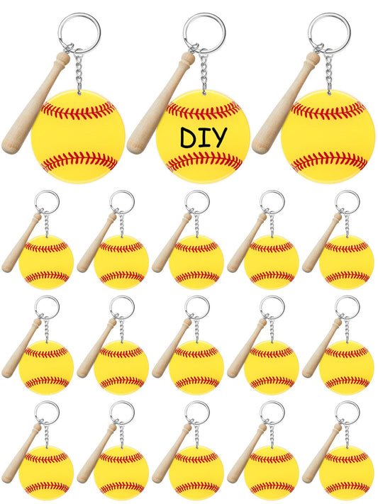Taiyin 18 Sets Baseball Softball Acrylic Keychain Bulk DIY Ball Bag Tag Sports Party Favors Mini Ball Charms for Team Gifts(Yellow,Softball)