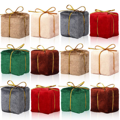 Soulchen 12 Pcs Velvet Christmas Tree Decoration Mini Present for Craft 1.2'' Miniature Gift Boxes Ornaments Classic Hanging Tiny Wrapped Presents for Xmas Party Decor