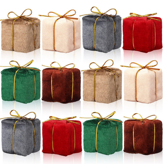 Soulchen 12 Pcs Velvet Christmas Tree Decoration Mini Present for Craft 1.2'' Miniature Gift Boxes Ornaments Classic Hanging Tiny Wrapped Presents for Xmas Party Decor