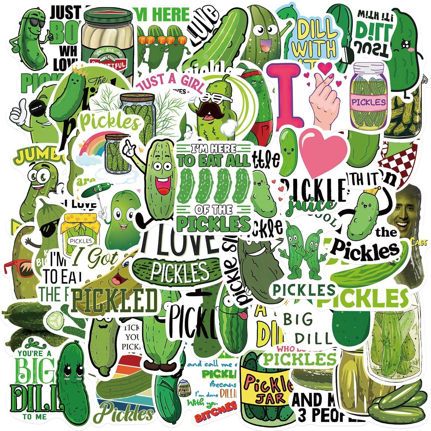 Funny Pickle Stickers for Adults, Cartoon Pickle Stickers Bulk, 50PCS Vinyl Waterproof Stickers for Water Bottle, Laptop, Phone, Skateboard, Scrapbook, Journal, Luggage, Party Supplies (Pickle)