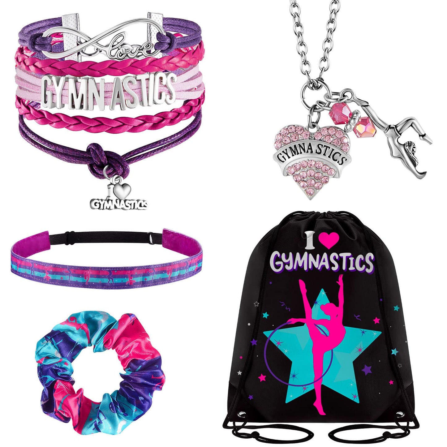 Dunzy 5 Pcs Gymnastics Gifts for Girls Kids Gymnastics Stuff Drawstring Bag Headband Girls Bracelet Necklace Scrunchies Gymnast Party Favors for Youth Boys Kids