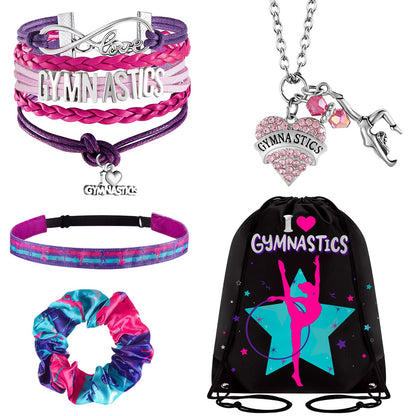 Dunzy 5 Pcs Gymnastics Gifts for Girls Kids Gymnastics Stuff Drawstring Bag Headband Girls Bracelet Necklace Scrunchies Gymnast Party Favors for Youth Boys Kids