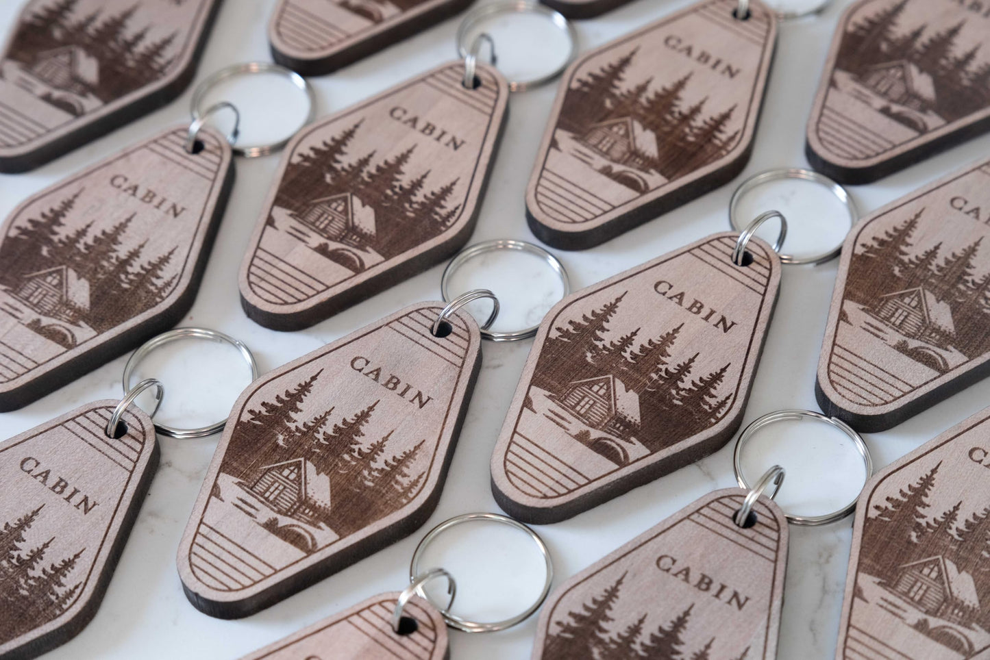 (2 Pack) Cabin Keychain – Double-Sided Laser Engraved – Real Wood – Rustic Cabin Gift