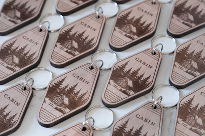 (2 Pack) Cabin Keychain – Double-Sided Laser Engraved – Real Wood – Rustic Cabin Gift