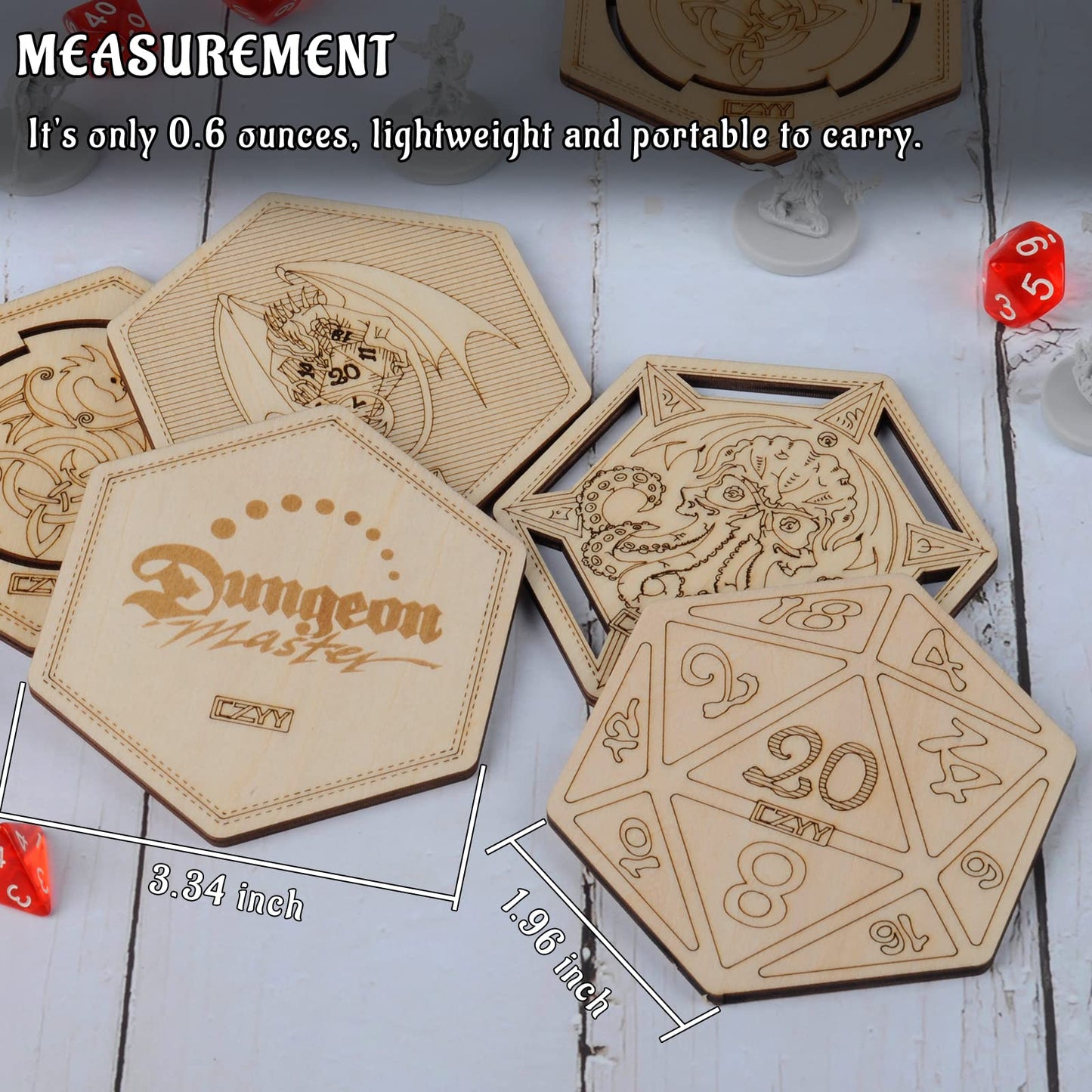 DND Decorative Wood Coasters Cool & Unique Table Mug Cup Mats Laser Engraved with Dragon, D20 and Cthulhu (Set of 5)