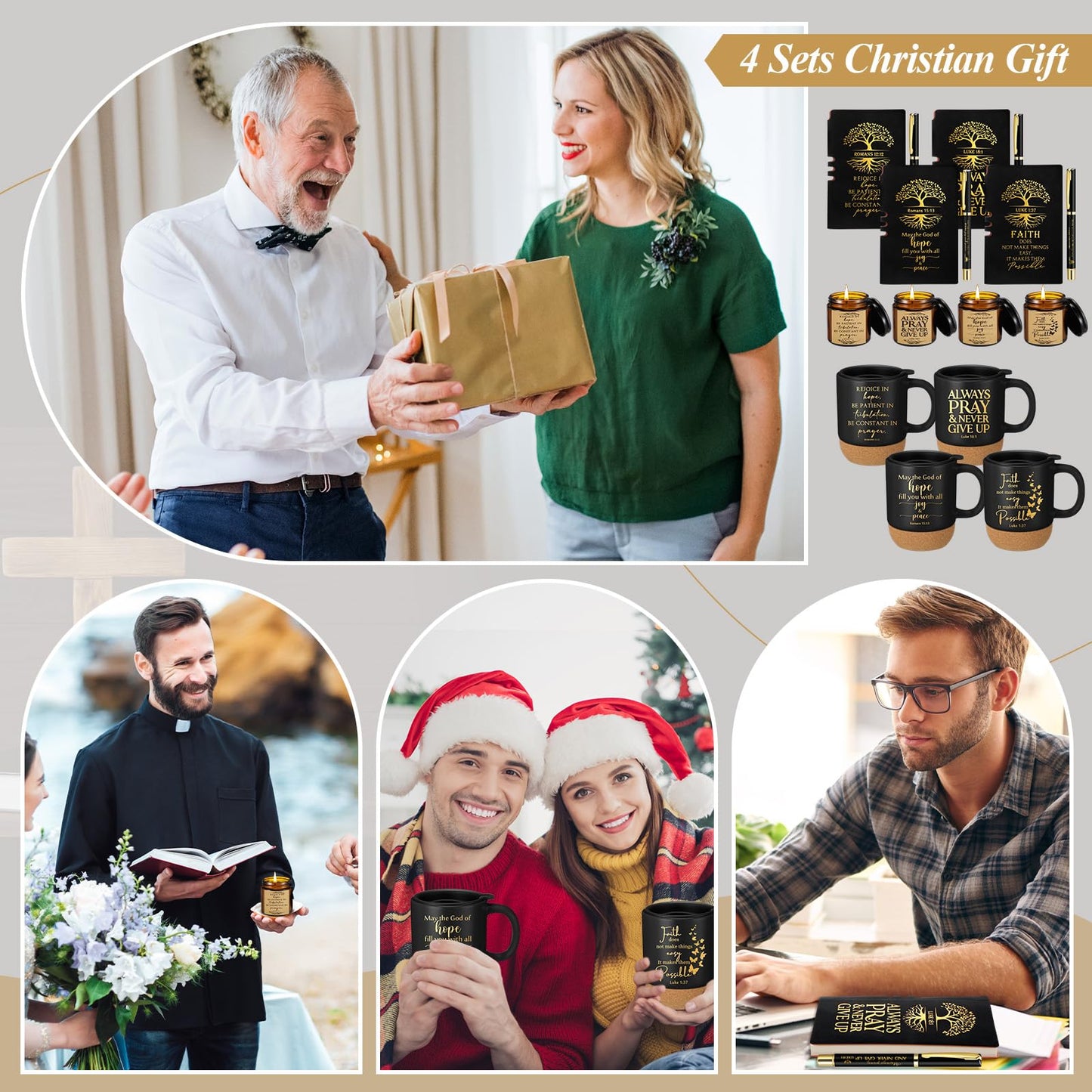 FillTouch 16 Pcs Christian Gift Church Father's Day Bulk Religious Bible Verse Prayer Journal Coffee Mug Candle Set for Man of God Pastor Father Dad Bible Study CNA Gifts (Hope,Black)