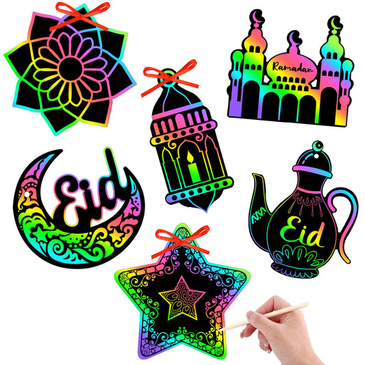 FEBSNOW 48 PCS Ramadan Crafts for Kids, Magic Rainbow Scratch Art Paper Cards for Kids Ramadan Gifts Eid School Classroom Activities Project Ramadan Eid Party Favors Hanging Ornaments