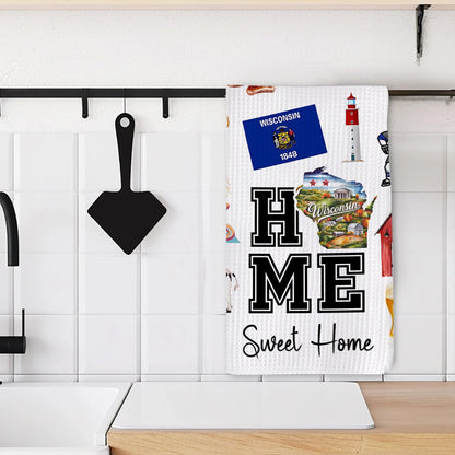 Home Sweet Home Wisconsin Kitchen Towel - Housewarming and Homecoming Gifts - Wisconsin State Favorite Symbol Dish Towels Gifts for Women Friends for Birthdays Mother's Day and Holidays