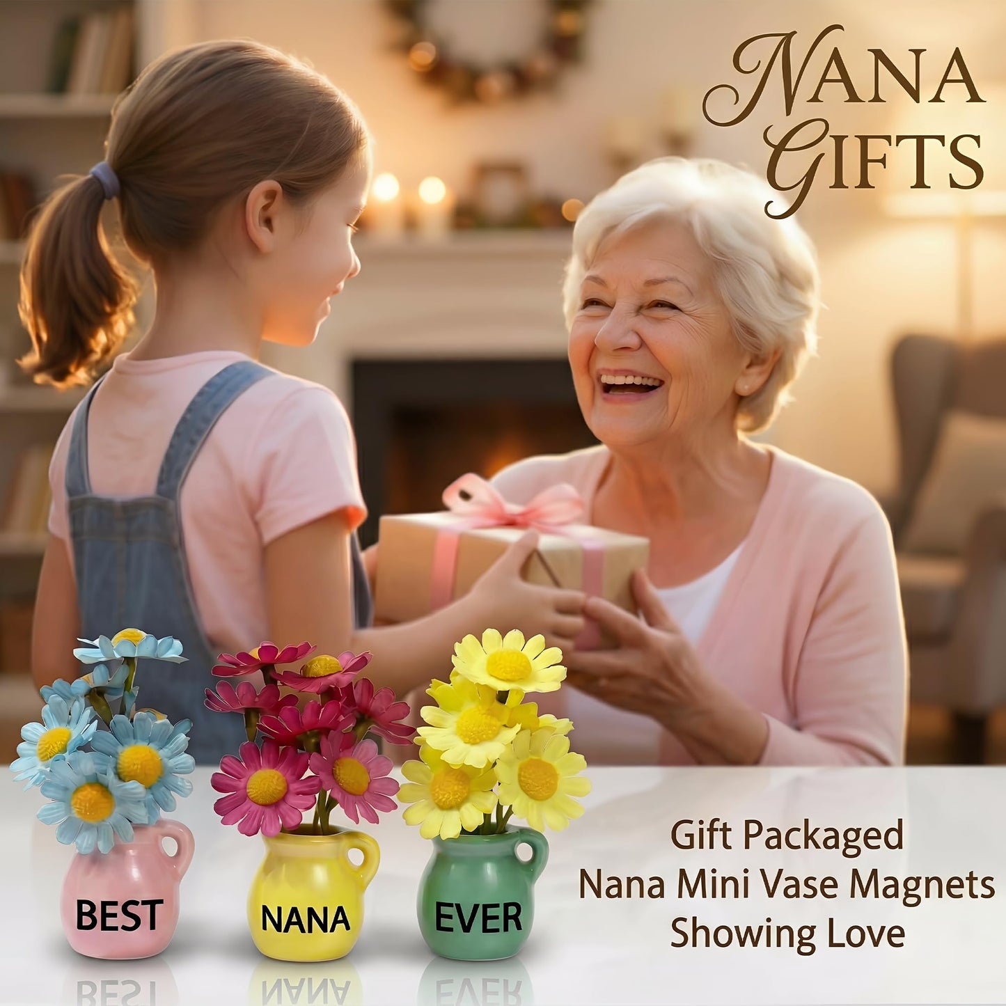 Nana Gifts - Mini Vase Magnets for Fridge, Best Nana Ever 3-Piece Ceramic Magnet Set with Artificial Flowers, for Nana from Granddaughter/Grandson, Refrigerator Magnets for Kitchen