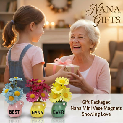 Nana Gifts - Mini Vase Magnets for Fridge, Best Nana Ever 3-Piece Ceramic Magnet Set with Artificial Flowers, for Nana from Granddaughter/Grandson, Refrigerator Magnets for Kitchen