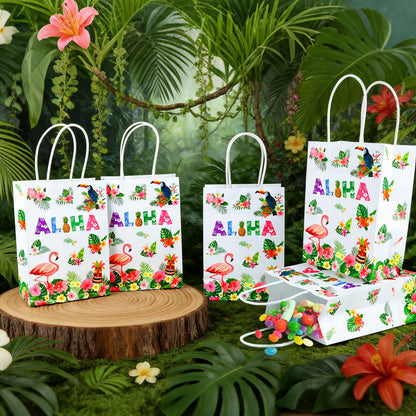 Hxezoc 12 Pieces Hawaiian Gift Bags with Handle, Paper Treat Luau Candy Bag Summer Tropical Palm Leaf Favor Bags for Hawaiian Theme Festival Luau Holiday Party Decoration Supplies