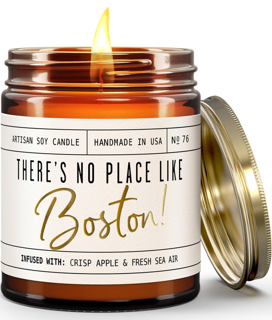 Boston Gifts, Boston Decor for Home - 'There's No Place Like Boston Candle, w/Wood, Sage & Sea Salt I Boston Souvenirs I 9oz Jar, 50Hr Burn, Made in USA