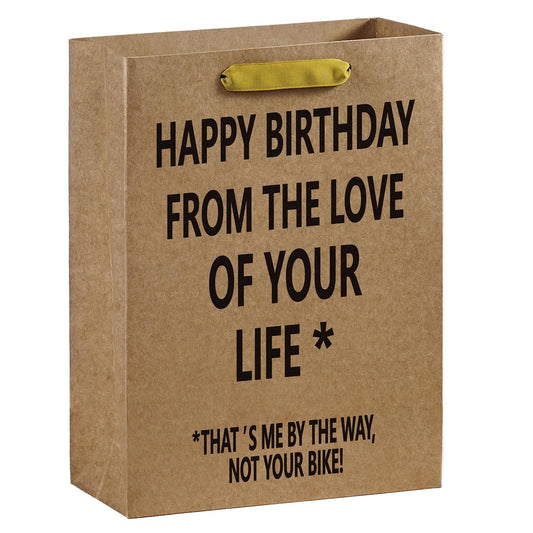 WRAPAHOLIC 13" Large Birthday Kraft Paper Gift Bag - The Love of Your Life That's Me Not Your Bike Lettering Funny Paper Bags for Birthday, Bike Lover, Husband, Boyfriend