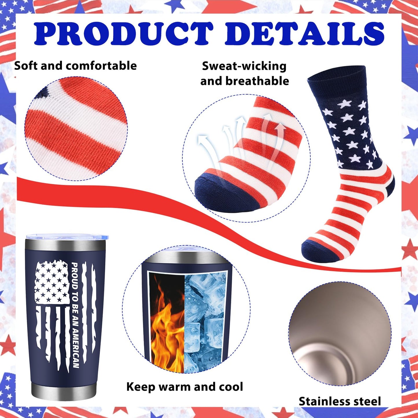 Yoiemivy 6 Pcs New US Citizenship Gifts American Flag Gifts Tumbler Set with American Flag Sock Bandana Bracelet Keychain Patriotic Citizen Gifts Box Basket for Foreigners Veterans