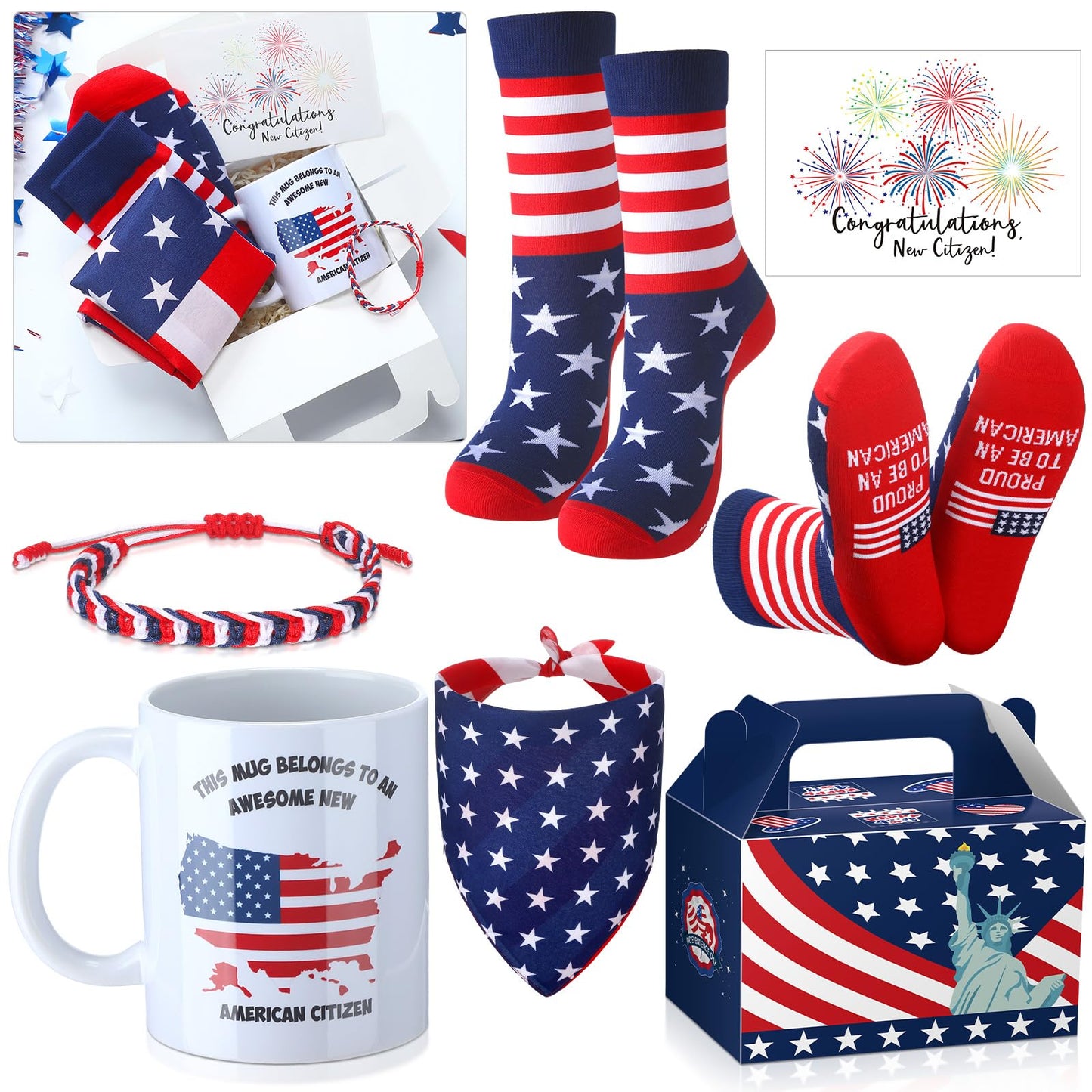 Skylety 6 Pcs New US Citizenship Gifts American Flag Gifts Set with Citizen Coffee Mug American Flag Sock Bandana Bracelet Patriotic Gift Box with Handle Congratulations Card for Veterans