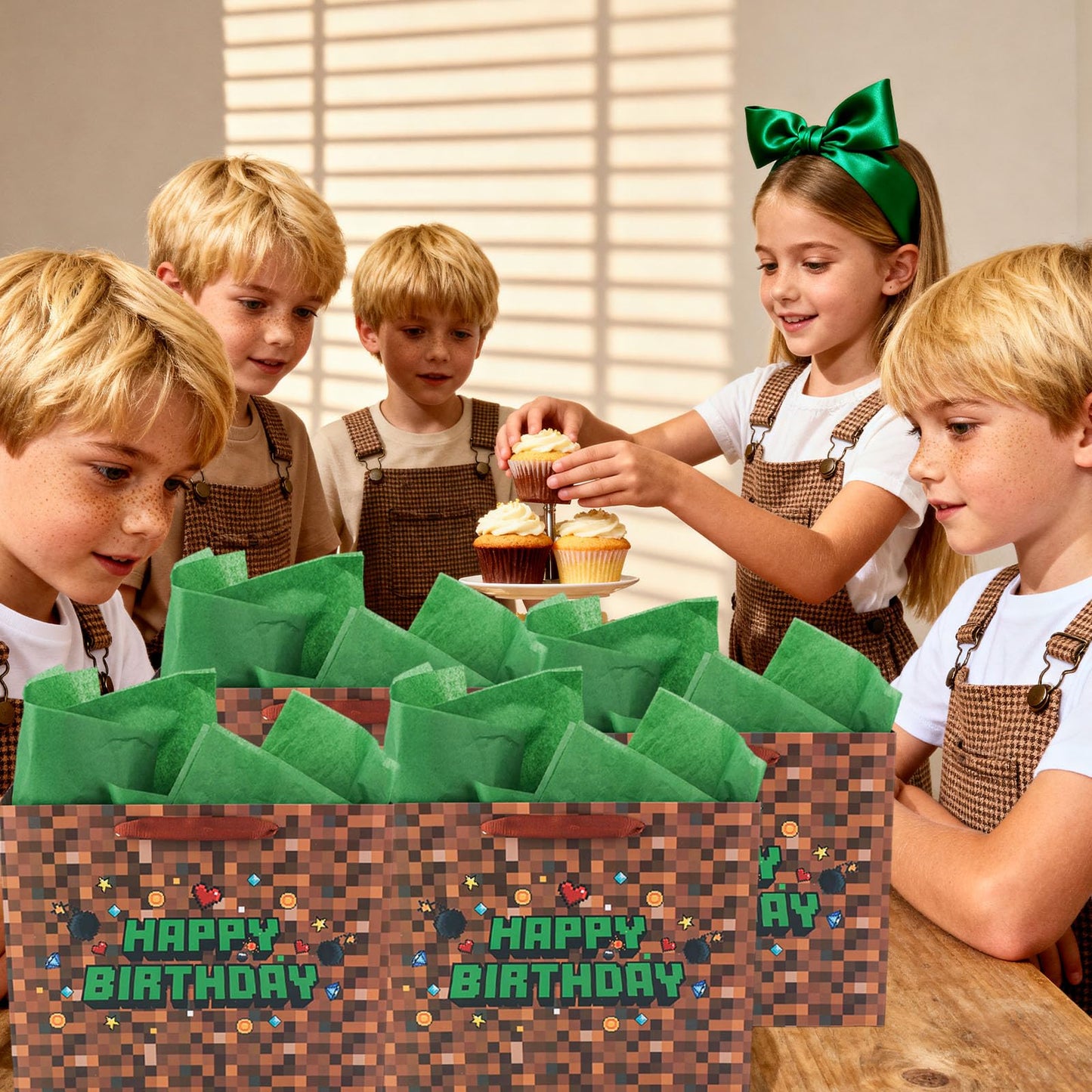 SAVITA Pixel Party Favors Bags, Pixel Theme Goodie Gift Bags Green and Brown Video Game Party Birthday Decorations with Greeting Card & Envelope for Candy Goody Treat Supplies Kids Bday Gifting
