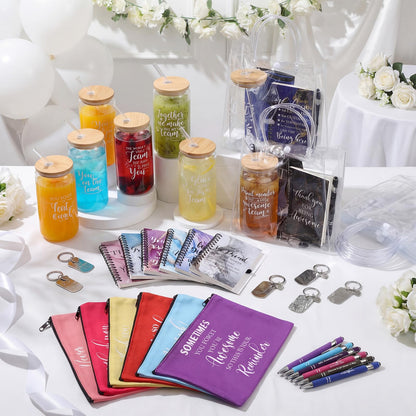 8 Set/48 Pcs Employee Appreciation Gifts Bulk with Gift Bags Colorful Marble Style Notebook Pen 16oz Glasses Cup Makeup Bag Keychain- Women Assistants Secretary Coworker Nurses Team