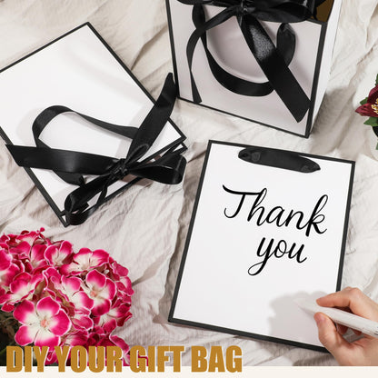OEMVALATY 6 Pcs Thank You Gift Bags with Handles and Tissue Paper 9 x 7 x 3. 15'' Elegant Welcome Gift Bags with Bow Ribbon for Wedding Bridesmaid Baby Shower Groomsmen Birthday Party(White, Black)