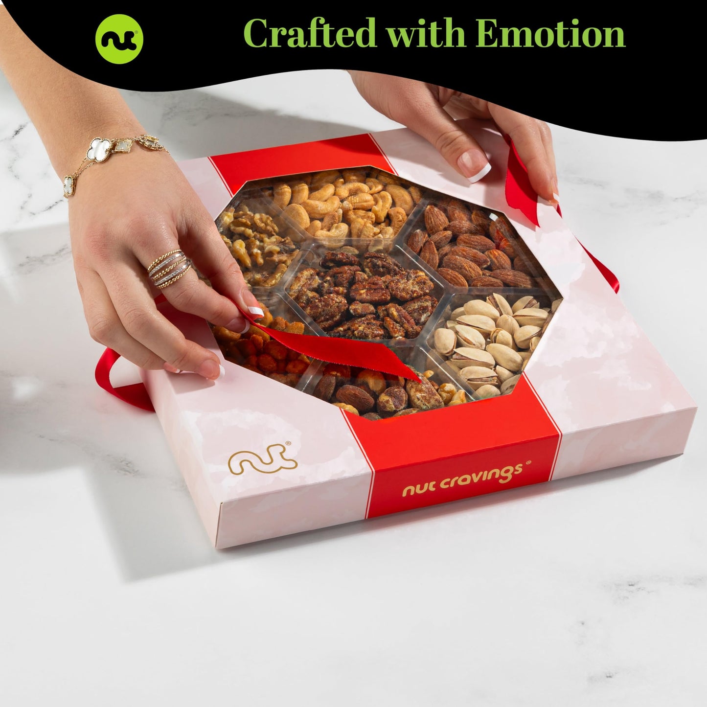 NUT CRAVINGS - Fathers Day Treats, Gift For Dad, Mixed Nuts Gift Basket in Red Gold Box (7 Assortments, 1 LB) Treats for Adults, Food Arrangement, Healthy Snack Care Package, Kosher