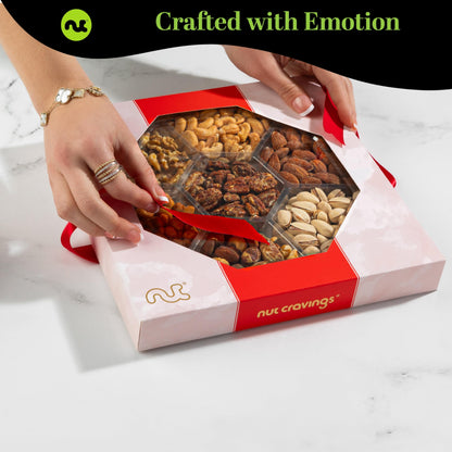 NUT CRAVINGS - Fathers Day Treats, Gift For Dad, Mixed Nuts Gift Basket in Red Gold Box (7 Assortments, 1 LB) Treats for Adults, Food Arrangement, Healthy Snack Care Package, Kosher