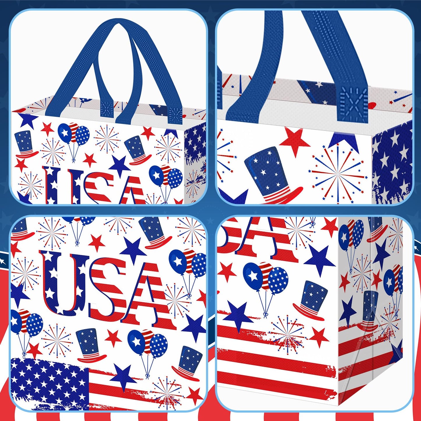 Wesnoy 48 Pcs 4th of July Patriotic Gift Bags Bulk with Handle Non Woven 250th Anniversary Goodie Bag Independence Day American Flag Memorial Day Tote Bag Holiday Party Favor, 11.4 x 10.6 x 4.7 Inch