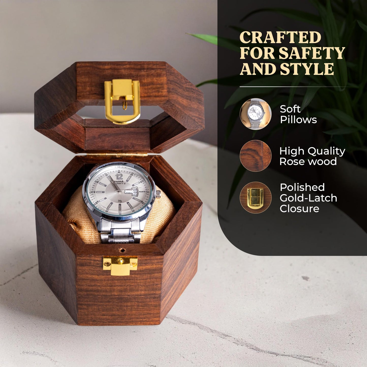 Wooden Watch Box for Men | Premium Cushion – Dark Rosewood Watch Organizer Case with Glass Display Lid, Single Slot Travel Watch Storage Box, Watch Holder Gift for Him