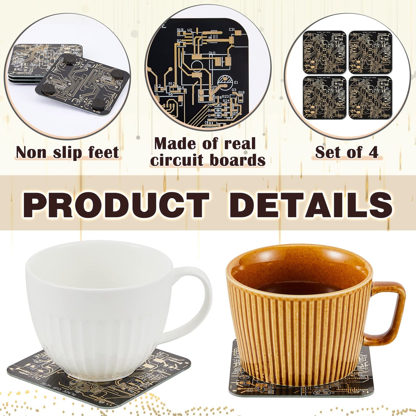 Nuenen 4 Pcs Circuit Board Coasters for Drinks PCB Coasters Immersion Gold Circuit Board PCB Design Engineer It Gift for Party Bar Office Geek Nerd Engineer Dad Gift Men(Classic Style,Black)