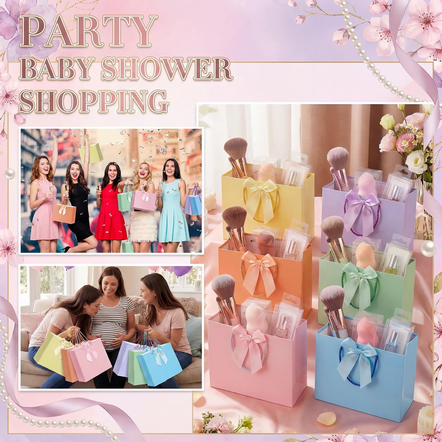 Sabary 12 Pcs Pastel Birthday Gift Bags with Handles and 24 Pre-tied Decorative Ribbon Rows, 12.6" x 9.8" x 4.3" Large Thank You Gift Bags for Easter Baby Shower Wedding Gifts Wrapping Party Supplies
