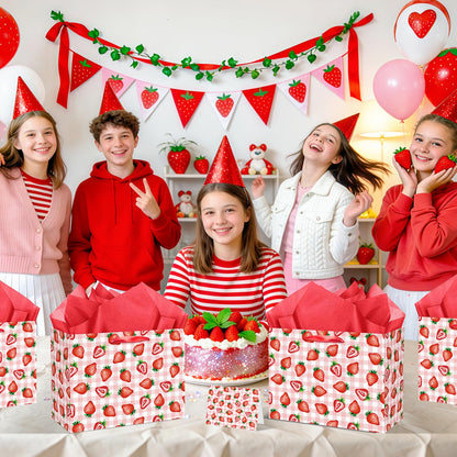 Strawberry Gift Bag with Red Tissue Paper & Card Pink Gingham Plaid Gift Wrapping Bag - Berry Sweet Theme Party Supplies for Women Teen Girls 1st Birthday, Baby Shower, Bridal Shower Summer Picnic
