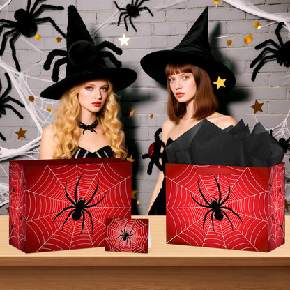 Abilat Large Spider Gift Bag with Tissue Paper and Greeting Card Red Spider Web Birthday Party Favor Wrapping Bag for Boys Men Valentine Halloween Party Decorations