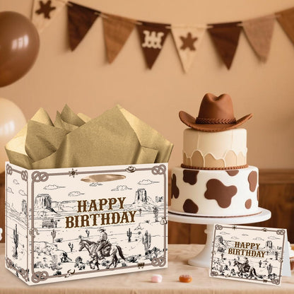 Innovoscape Cowboy Birthday Gift Bag for Boys Men Western Rodeo Happy Birthday Gift Bag with Wrapping Paper Card Large Wild West Horse Gifts Bag for Cowboy Bday Decorations Party Favors Supplies
