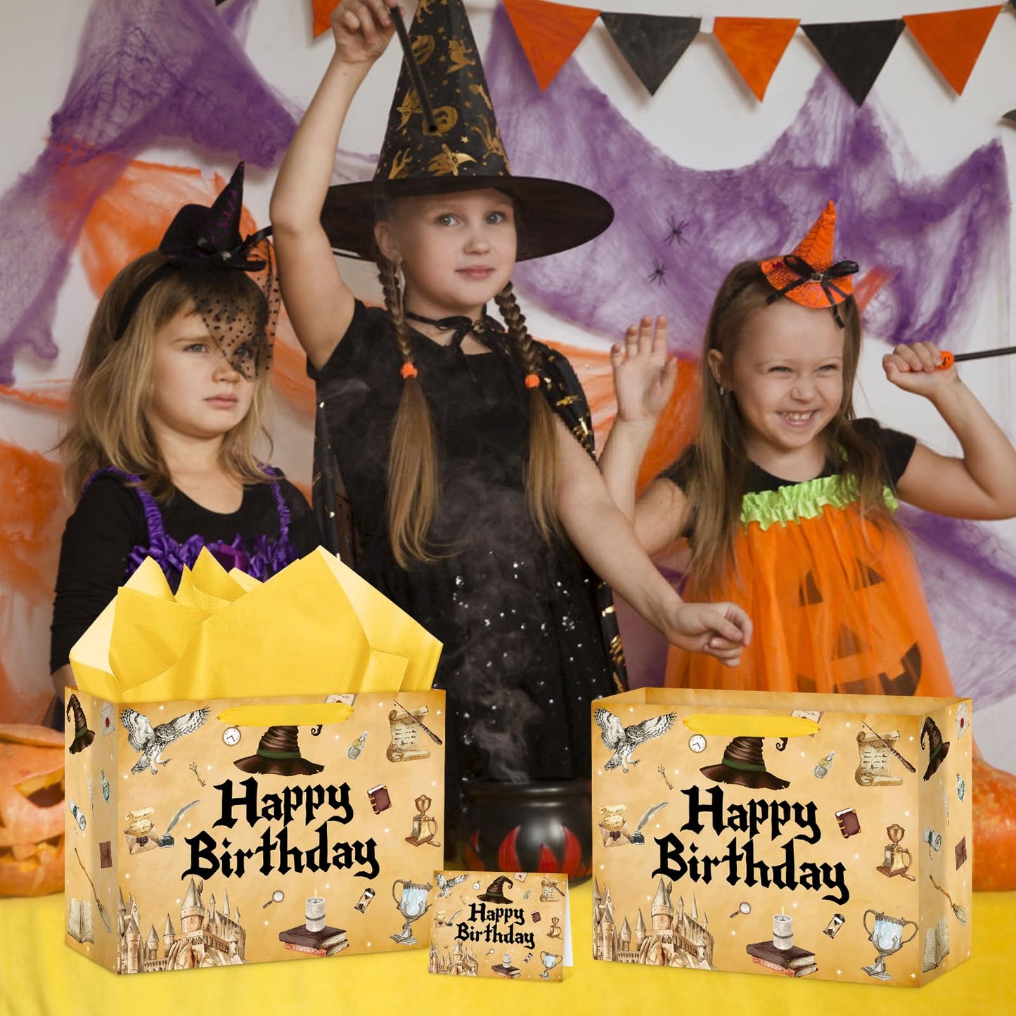 Abilat Large Wizard Birthday Gift Bag with Tissue Paper and Greeting Card Reusable Magical Hat Party Favor Wrapping Bag for Kids Boys Girls Wizard Themed Birthday Decorations Halloween Party Supplies