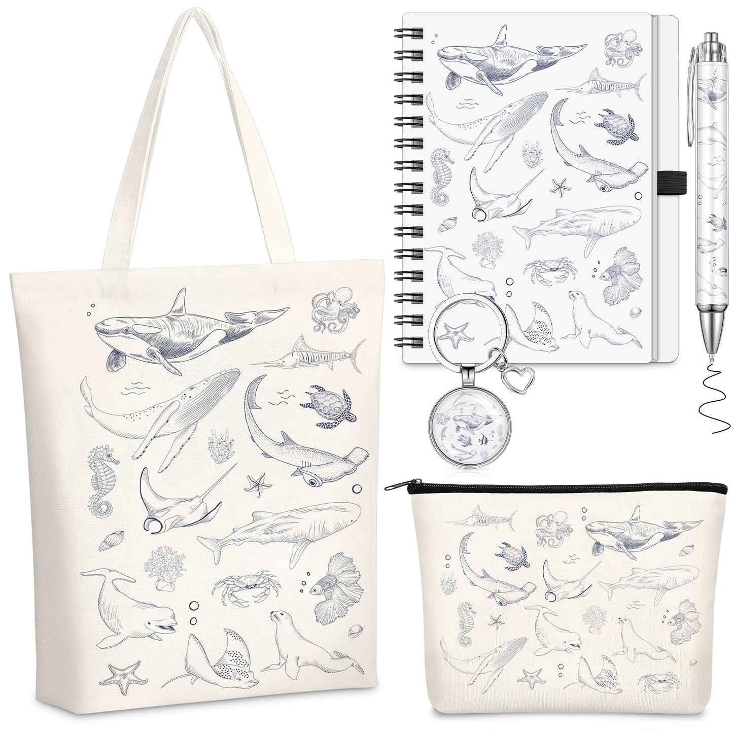 5 Pcs Sea Animal Themed Gifts Set for Women Include Canvas Beach Tote Bag Makeup Bag Keychain Notebook Pen for Ocean Lovers Party Favors Birthday Gift for Christmas