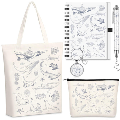 5 Pcs Sea Animal Themed Gifts Set for Women Include Canvas Beach Tote Bag Makeup Bag Keychain Notebook Pen for Ocean Lovers Party Favors Birthday Gift for Christmas