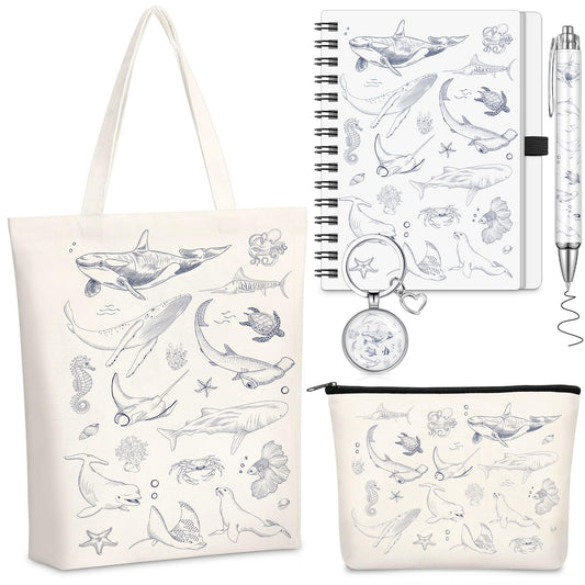 5 Pcs Sea Animal Themed Gifts Set for Women Include Canvas Beach Tote Bag Makeup Bag Keychain Notebook Pen for Ocean Lovers Party Favors Birthday Gift for Christmas